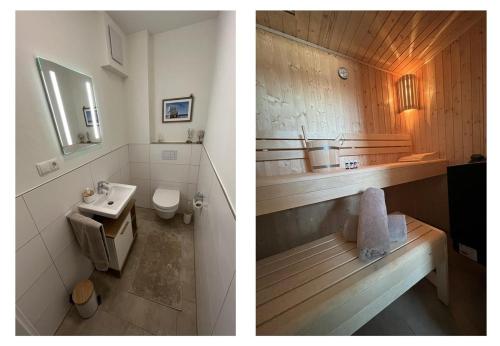 two pictures of a bathroom with a sink and a toilet at Hansehaus 1 - ANKERPLATZ in Grömitz