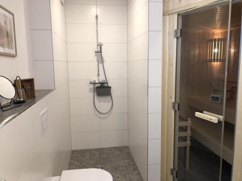 a bathroom with a toilet and a shower at Sonnenweg 44-3 - HYGGE in Heringhausen