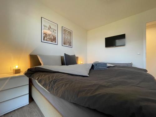 ein Schlafzimmer mit einem Bett und einem TV an der Wand in der Unterkunft Hansehaus 6 in Grömitz