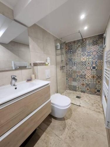 um banheiro com vaso sanitário, pia e chuveiro em apartamento en el 10 em Paris