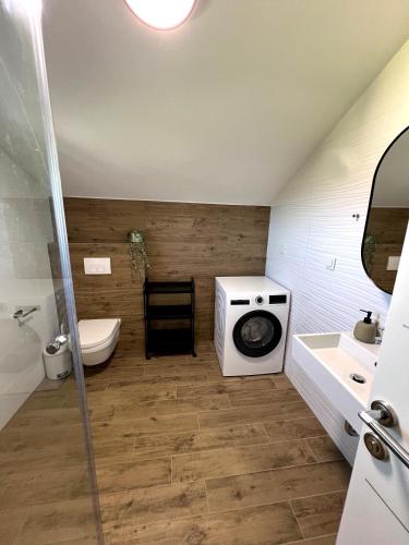 a bathroom with a washing machine and a sink at Penthouse SKY DELUXE in Novalja