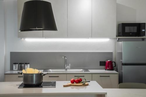 eine Küche mit einer Spüle und einem Topf auf der Theke in der Unterkunft Villa Stanga - Gardaslowemotion in Tenno