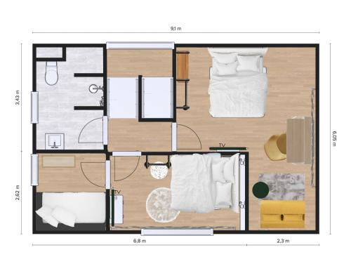 a floor plan of a room with a bed at Xzllenz - 4 Schlafzimmer, Zentral, Parken, U-Bahn, 2 Bäder, 4 Smart-TV, optional Einzelbett in Nuremberg