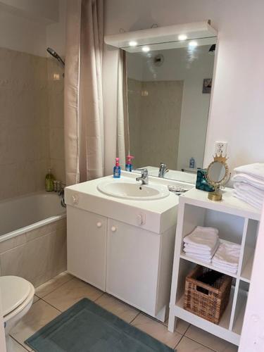 une salle de bain avec un lavabo, des toilettes et un miroir dans l'établissement Les jardins de Magny., à Magny-le-Hongre