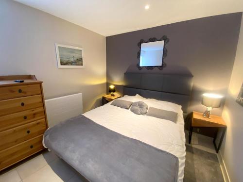 ein Schlafzimmer mit einem Bett und einem TV an der Wand in der Unterkunft Aux pieds des pistes 4/6 personnes in Gérardmer