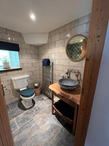uma casa de banho com um WC, um lavatório e um espelho. em The Old Library em Castle Combe