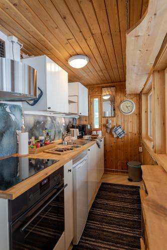 a kitchen with white cabinets and a black stove at Private Island VESI - The White Blue Wilderness Lodge in Inari