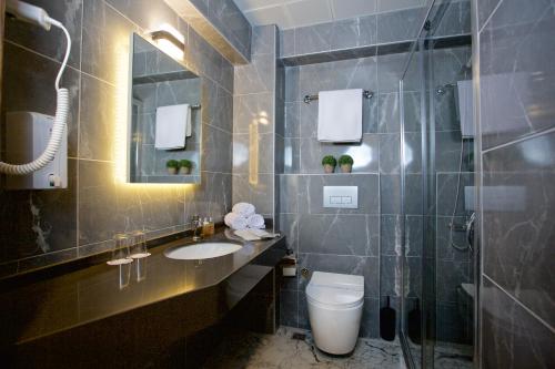 a bathroom with a toilet and a sink and a mirror at Grand Ant Hotel in Istanbul