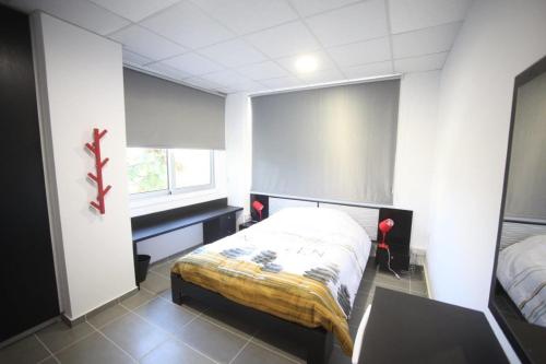 a bedroom with a bed and a desk and a window at G.R City Heart in Nicosia