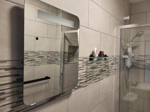 a bathroom with a shower with a glass door at 360 Town Stay Apartments & Studios in Dungarvan