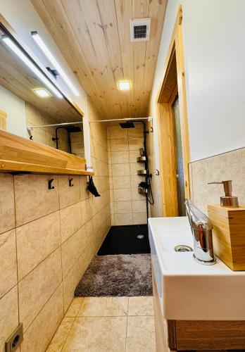 a bathroom with a sink and a shower at Baltic Sea Cottage in Jūrmala