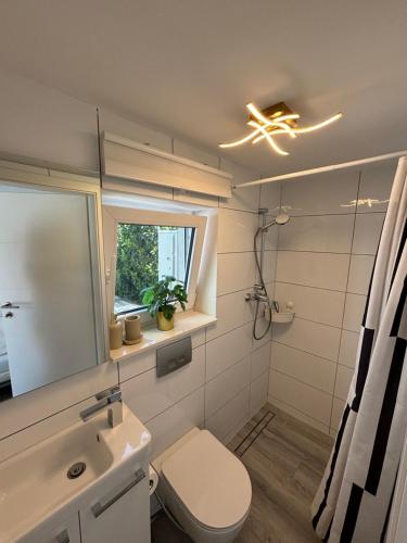 a bathroom with a sink and a toilet and a window at Eco Overnight Inn 