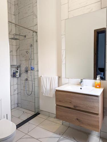a bathroom with a sink and a shower at Riverbank One Bedrooms Apartment, Swimming pool, gym, workspace, DB Space Living in Nairobi