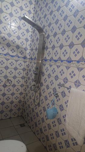 a bathroom with blue and white tiled walls and a toilet at Résidence la Lobe in Kribi