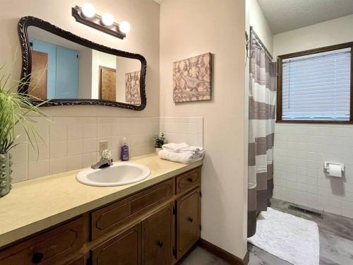 bagno con lavandino e specchio di Doc's Cottage - A-Frame in Piggott, AR 