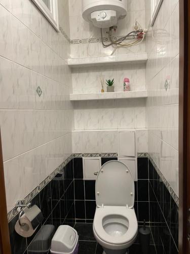 a bathroom with a white toilet and black tiles at Freddies apartment in Kyiv