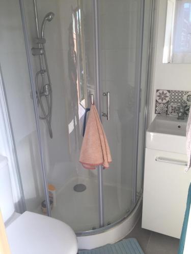 La salle de bains est pourvue d'une douche, d'un lavabo et d'une serviette. dans l'établissement Studio neuf avec jardin partagé, à Amiens