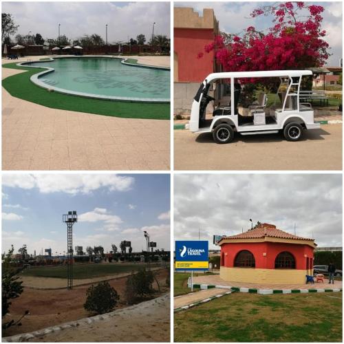 four different pictures of a park with a golf cart at Grand Plaza Hotel & Resort in Qaryat ash Shamālī