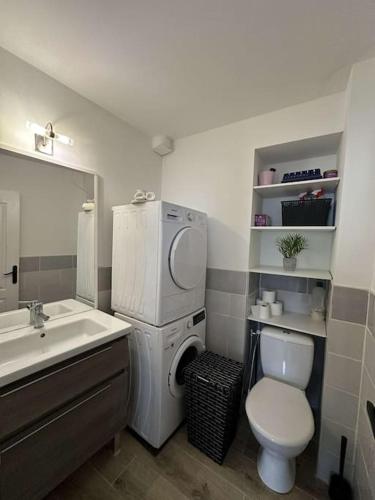 La salle de bains est pourvue de toilettes, d'un lavabo et d'un lave-linge. dans l'établissement Beau Séjour, à Épernay