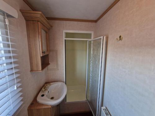 uma pequena casa de banho com um lavatório e um chuveiro em Great Caravan With Spacious Decking Southview Holiday Park, Skegness Ref 33035v em Skegness