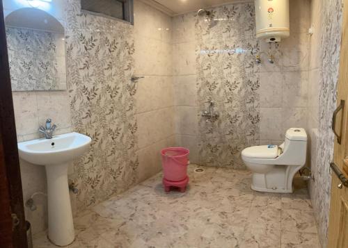 een badkamer met een wastafel en een toilet bij Shewata Cottage in Kasol