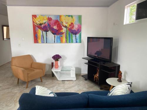 a living room with a blue couch and a tv at Apartamento Fontana in Bucaramanga