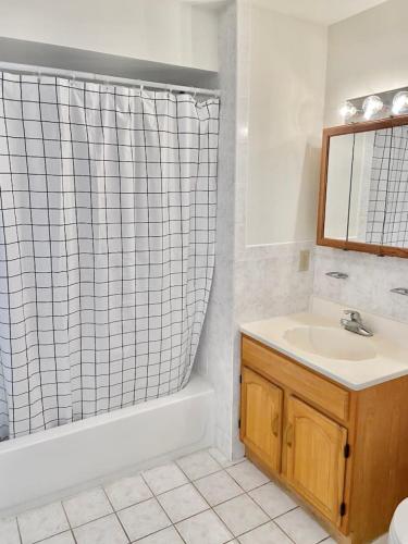 a bathroom with a sink and a shower curtain at 124-2 Bedroom 2 Bath Apt in Heart of Hoboken in Hoboken