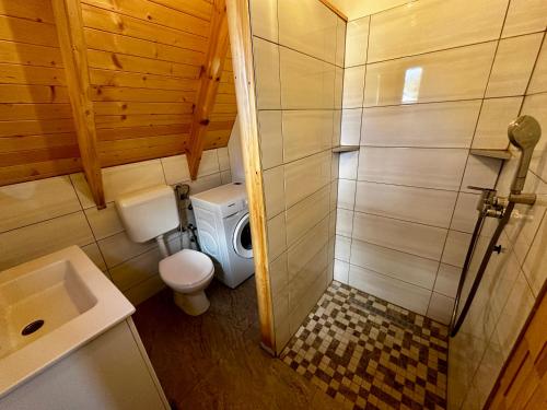 La petite salle de bains est pourvue d'une douche et de toilettes. dans l'établissement AJLA, à Vlašić