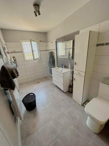 une salle de bain avec toilettes et lavabo dans l'établissement Villa avec piscine en camargue, à Saint-Laurent-dʼAigouze
