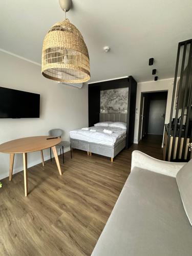 1 dormitorio con cama, mesa y TV en Apartamenty Belona, en Stegna