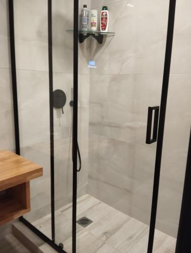 a shower with a glass door in a bathroom at Triple A - Chic & Elegant by the Market - FREE parking! in Athens