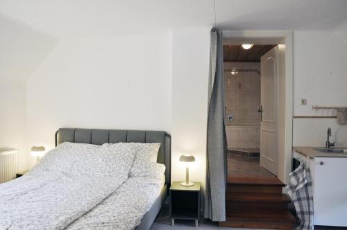 a bedroom with a bed and a walk in shower at Wohnen bei Schörgi in Grein