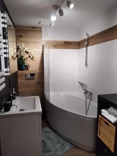 a bathroom with a bath tub and a sink at Charming apartment in Borgarnes