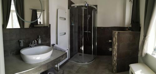 La salle de bains est pourvue d'un lavabo et d'une douche. dans l'établissement Appartements Neef, à Merseburg