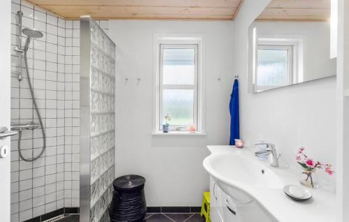 ein weißes Bad mit einem Waschbecken und einer Dusche in der Unterkunft Amazing Home In Faaborg With Wifi in Bøjden