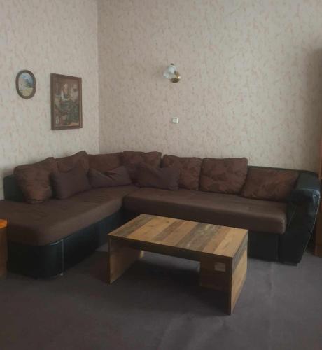 ein Wohnzimmer mit einem braunen Sofa und einem Couchtisch in der Unterkunft Къща за гости ОАЗИС in Ruse