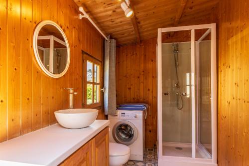 une salle de bain avec un lavabo et une machine à laver dans l'établissement Morgat, maison familiale, plage à pied, à Crozon