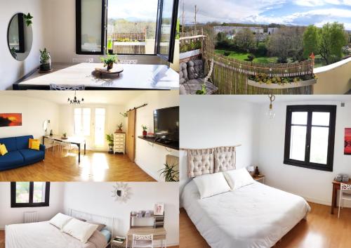 un collage de photos d'une chambre et d'un salon dans l'établissement Pura Vida Bayonne, à Bayonne