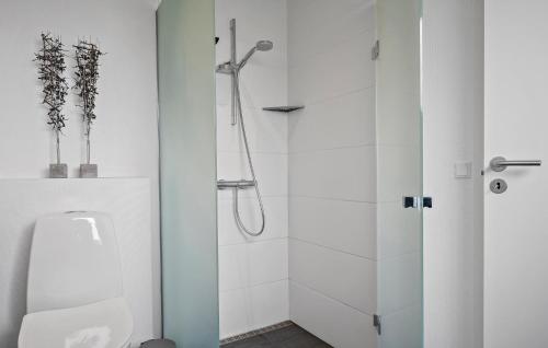 a white bathroom with a shower and a toilet at Gorgeous Home In Vorbasse With Kitchen in Vorbasse