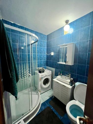 a bathroom with a shower toilet and a washing machine at Cozy studio flat in Giurgiu