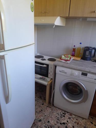 a kitchen with a refrigerator and a washing machine at Santi house in Souvala