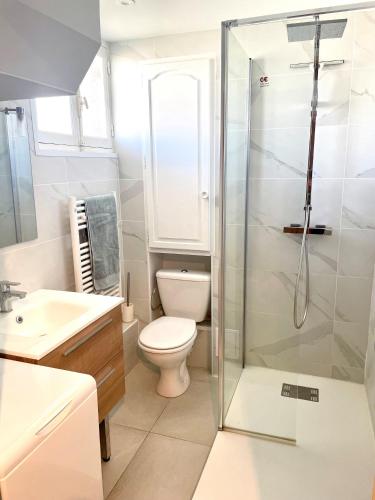 une salle de bain avec toilettes et douche en verre dans l'établissement Appartement la Frégate avec terrasse à 100m de la plage, à Saint-Cyr-sur-Mer