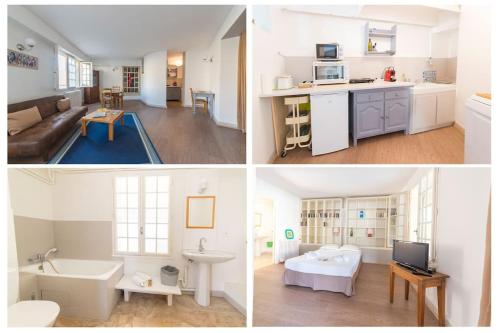 trois photos d'une cuisine et d'un salon dans l'établissement Appartement de Charme - Hypercentre - WIFI Gratuit, à Avignon