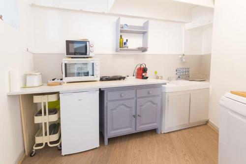 - une cuisine avec un comptoir, un four micro-ondes et un évier dans l'établissement Appartement de Charme - Hypercentre - WIFI Gratuit, à Avignon