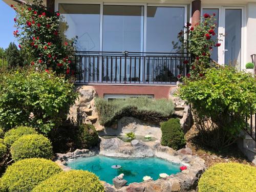 a garden with a small pond in front of a house at Apartment Vila MM Srce in Vrdnik