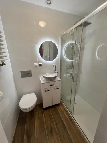 ヤスタルニャにあるNa Spokojnieのバスルーム(トイレ、洗面台、シャワー付)