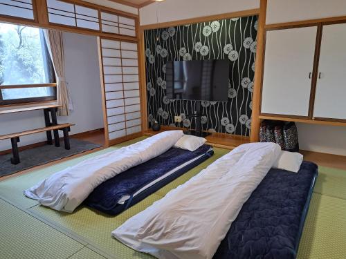 dwa łóżka siedzące w pokoju z telewizorem w obiekcie 大山ベースキャンプ（Daisen Basecamp） w mieście Daisen