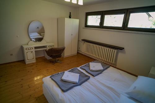 a bedroom with a bed and a mirror and a desk at Apartament Kaszubski in Ostrzyce