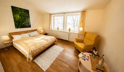 a bedroom with a bed and a chair and a window at Gästehaus am Michaelshof, im «Haus der Natur» in Neu Darchau