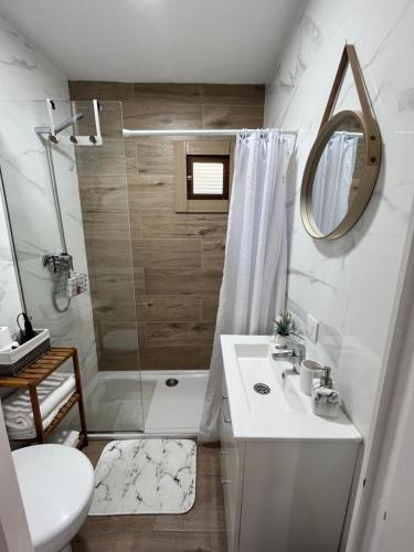 Apartamento cerca aeropuerto في بونتيفيدرا: حمام مع دش ومغسلة ومرحاض